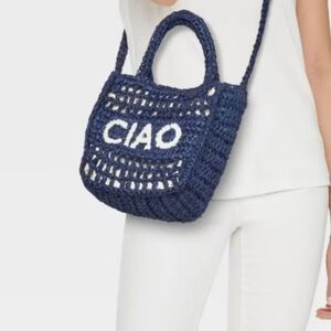 Universal Thread Ciao crossbody Navy Blue Crochet Bag with 'CIAO' Design